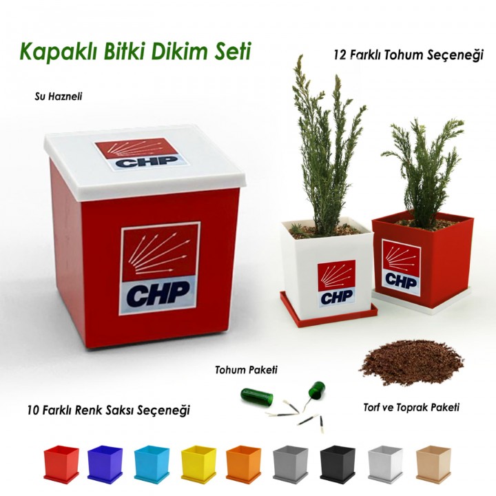 CHP Logolu Kare Saksılı Kapaklı Bitki Yetiştirme Seti 